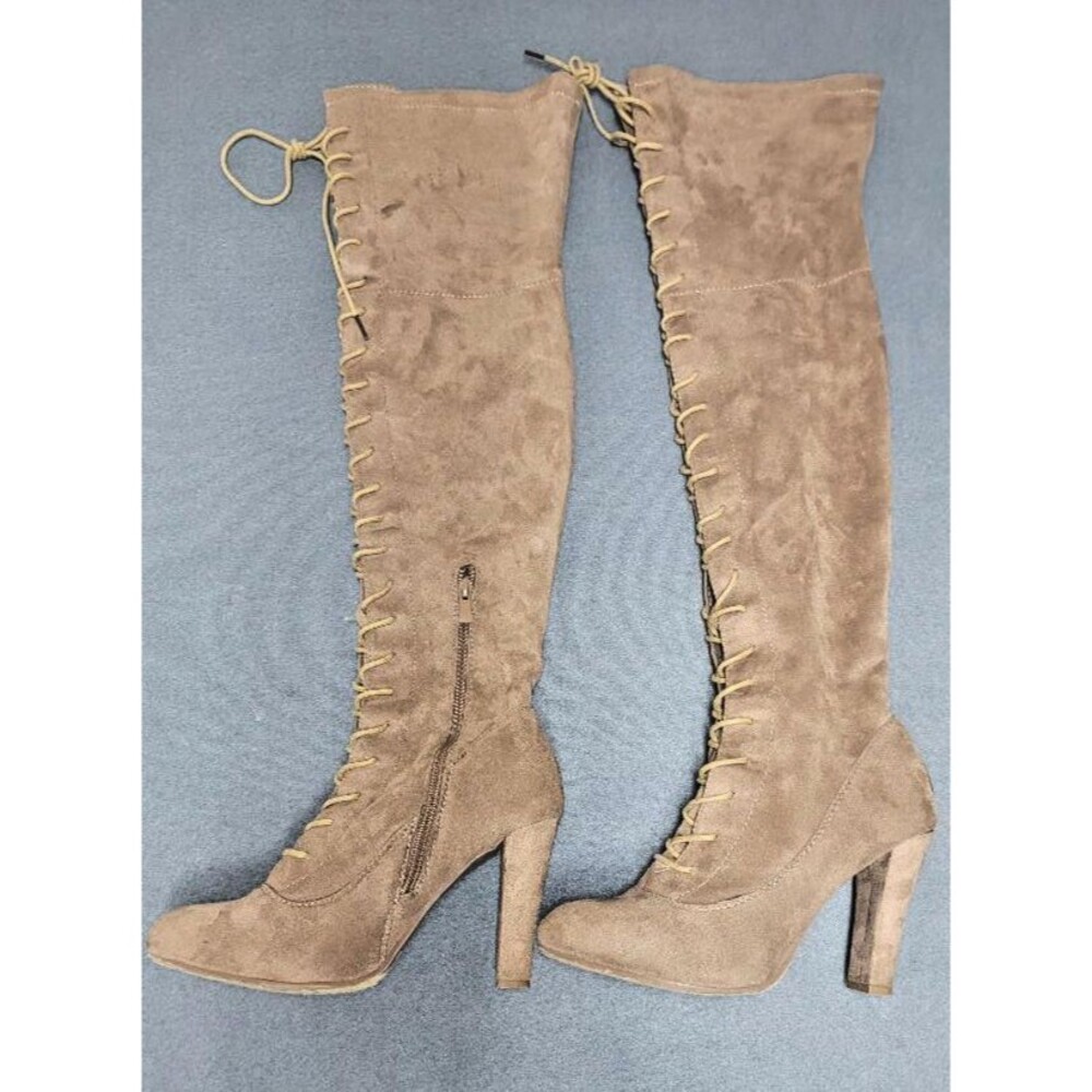 Forever 21 Size 10 Over The Knee Taupe Beige Faux Suede Lace Up High Heel Boots